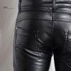 Men Solid Color Faux Leather Multi Pockets Skinny Pants Stage Club Long Trousers