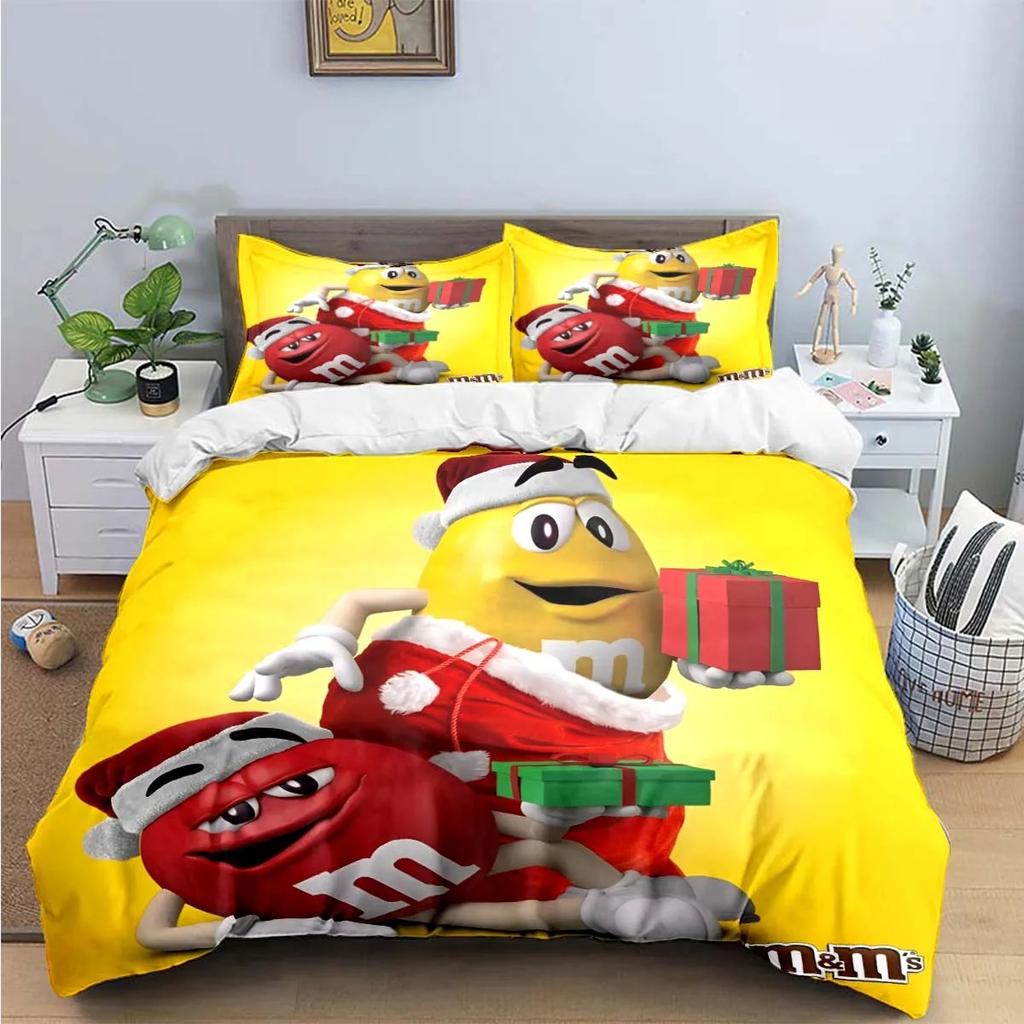 Cartoon M&M Duvet Cover Pillowcase Chocolate Bedding Set Adult Boy Girl Bedroom Decoration Children Single Double Large Size