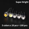 5 цветов светодиодный комплект Супер яркий комплект светодиодных диодов в соломенной шляпе - 100 шт. 5 мм, красный желтый синий зеленый белый, светоизлучающий набор F5 в ассортименте