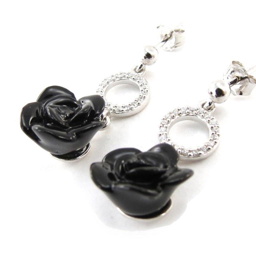 Les Trésors De Lily [J3115] - Серебряные серьги Rose Noire с черным родиевым покрытием - 28x11 мм