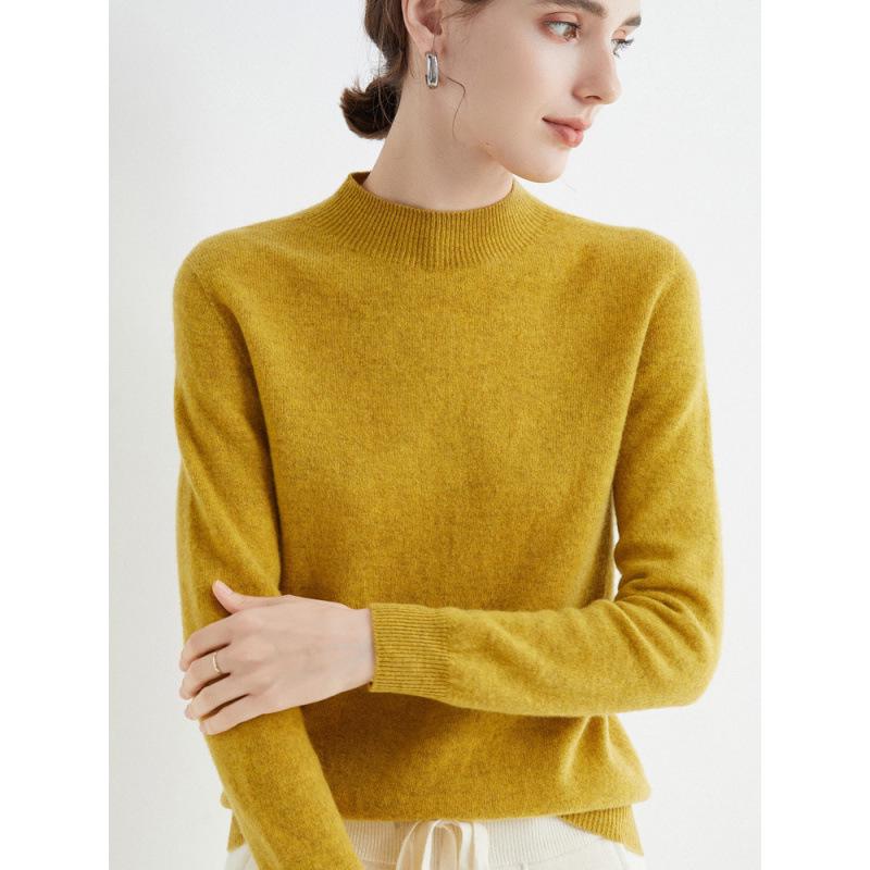 Женский приталенный осенний свитер, модный воротник половинной высоты, универсальная чистая шерсть для многослойности или верхней одежды, приятный к коже.