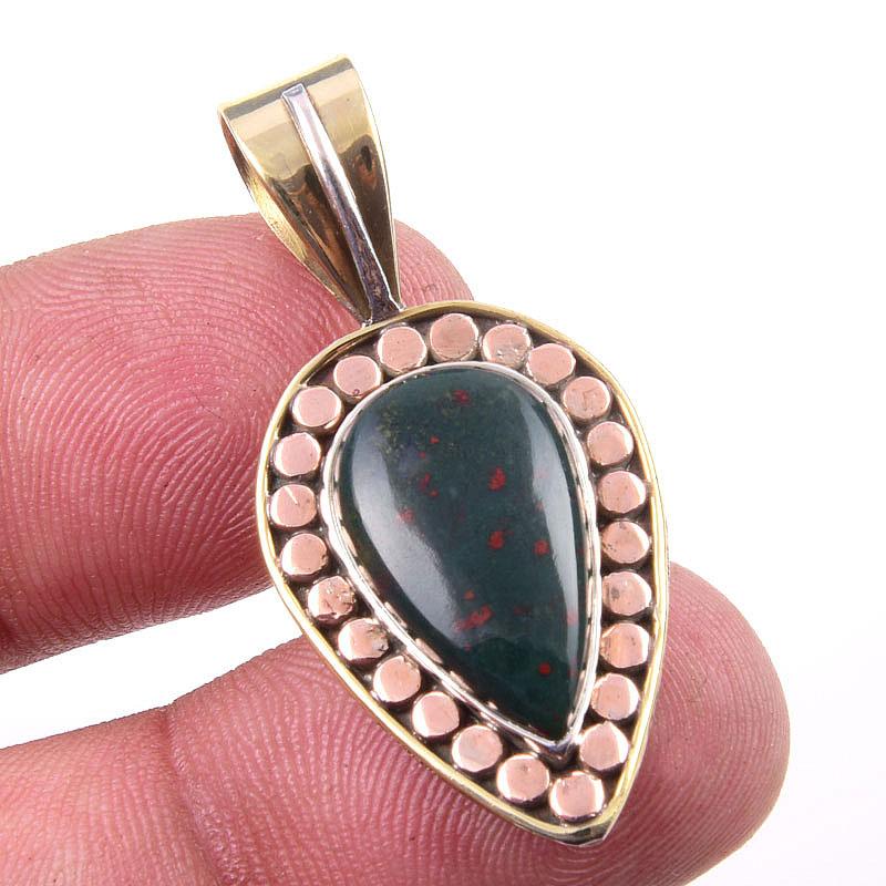 Natural Bloodstone Gemstone 925 Solid Sterling Silver TwoTone Pendant 1.50" U1I30