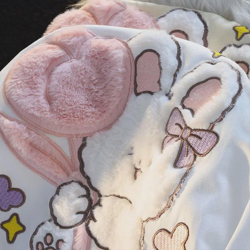 Очаровательная футболка с короткими рукавами и вышивкой в виде мультяшного кролика - женская летняя футболка в стиле колледжа, свободный крой