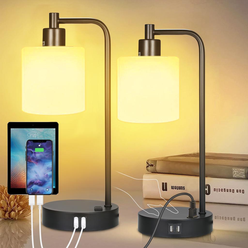 Industrial Table Light Vintage  Desk Lamp Bedside Nightstand Light with 2.1A USB Ports AC Port