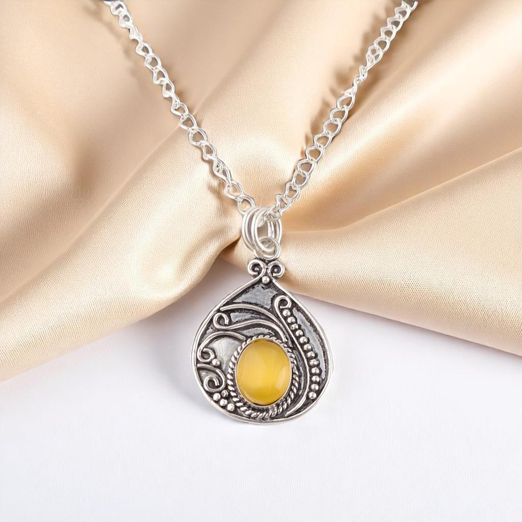 Yellow Cat's Eye Gemstone 925 Sterling Silver Jewelry Handcrafted Pendant 1.45" PP-27-35