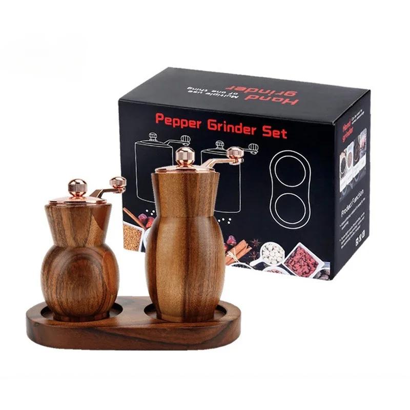 Wood Salt and Pepper Grinder Hand Cranked Set with Base Multi-purpose Pepper Mills Seasoning Organizer Box Kitchen Cooking Tools