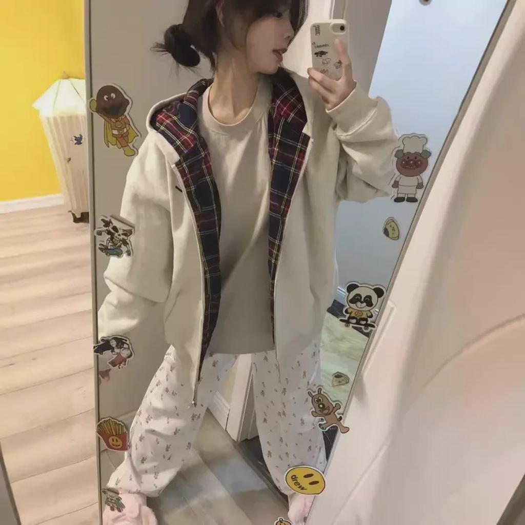 2024 Women's Splicing Plaid Hooded Cardigan Sweater - Loose, Casual, Versatile, Plus Velvet, Thickened for Spring, Autumn, Winter.