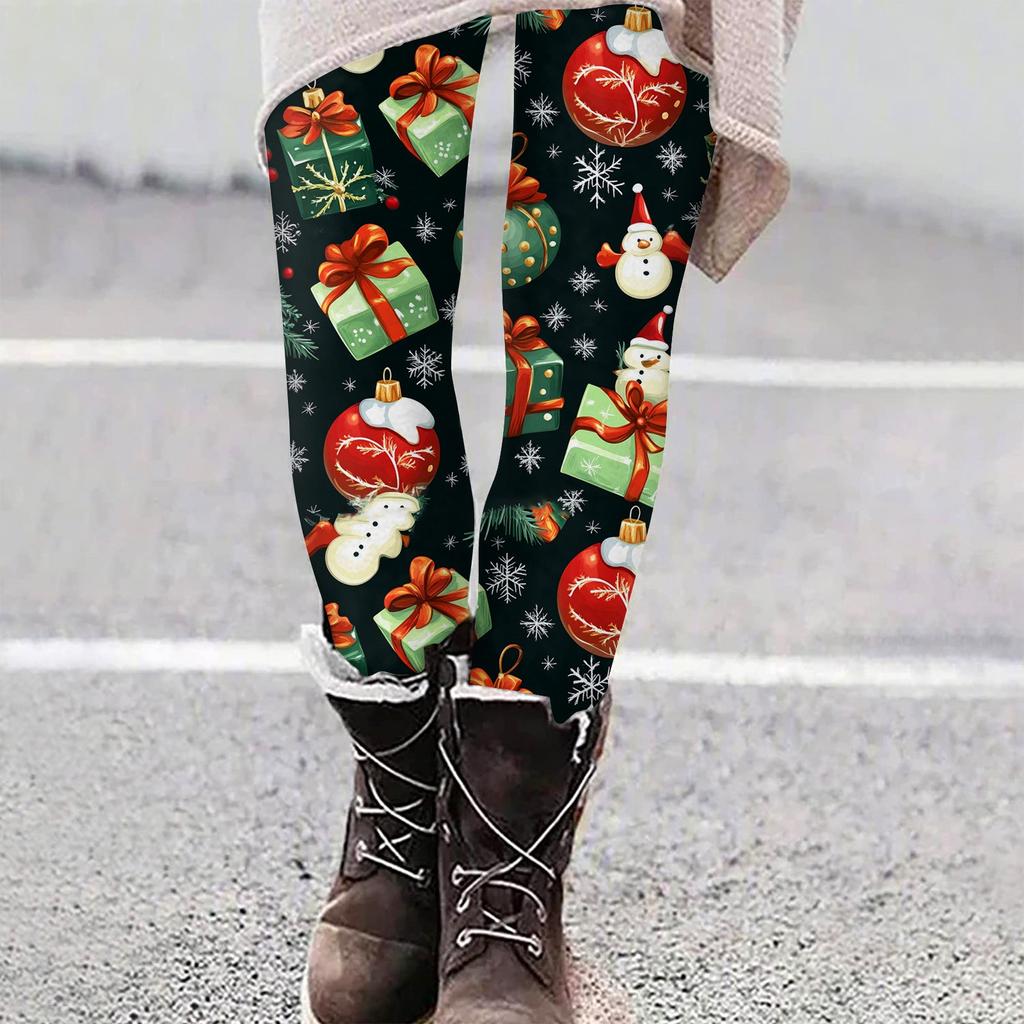Women's Casual Christmas Tree Snowflake Print Slim Fit Elastic Yoga Pants Cropped Pants
