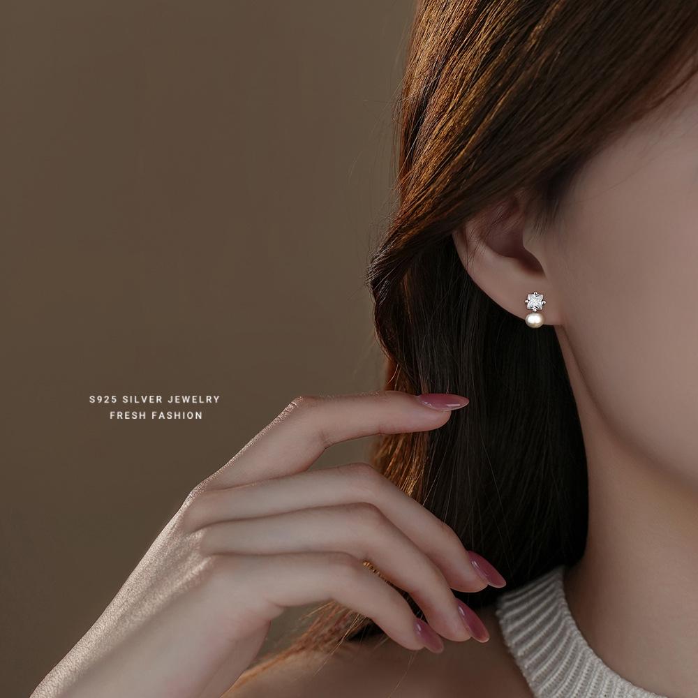 Real 925 Sterling Silver Freshwater Pearl Zircon Stud Earring Gift for Women Party Fine Jewelry Gift