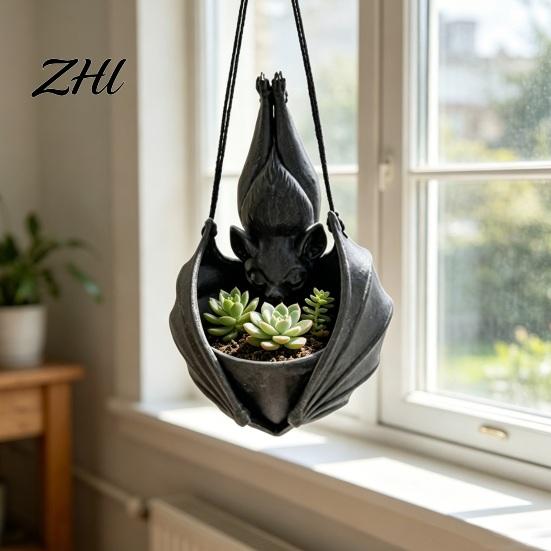 Mysterious Atmosphere Plant Display Bat Shaped Hanging Planter, Gothic Pot for Indoor Outdoor Garden Fantasy Style Porch Wall Decor, Unique
