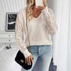 Spring Elegant Women's Solid Color V-neck Lace Splicing Long-sleeved T-shirt Tops Women Versatile Closet Essential Fashion Items Shirt