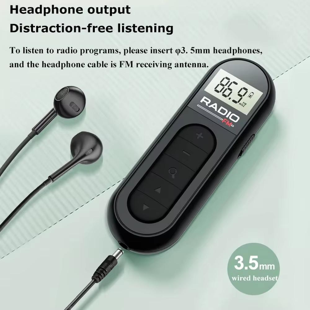 Mini Pocket Clip FM Radio Portable Radio with LCD Display Wired 3.5mm Headphones For Meetings Tours Running