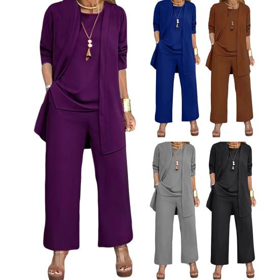 3 шт./комплект женский пальто жилет брюки комплект длинный рукав кардиган O-образный вырез без рукавов жилет эластичный пояс широкие брюки повседневный свободный брючный костюм наряд