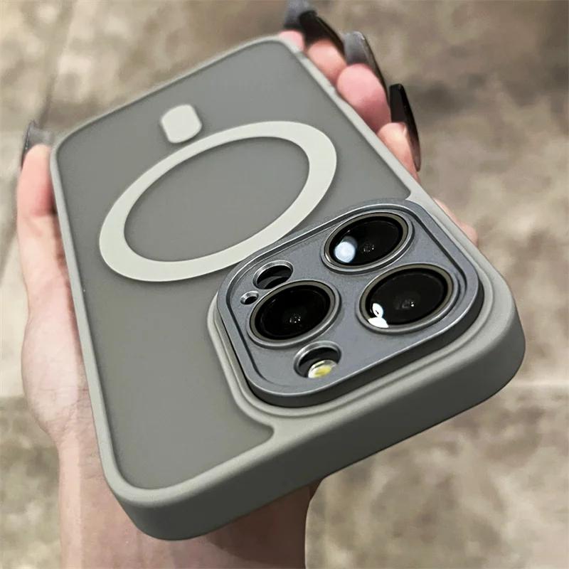 Матовый защитный магнитный чехол для Magsafe, металлическая крышка объектива для iPhone 15, 14, 13, 12, 11 Pro Plus Max, полупрозрачный чехол с беспроводной зарядкой