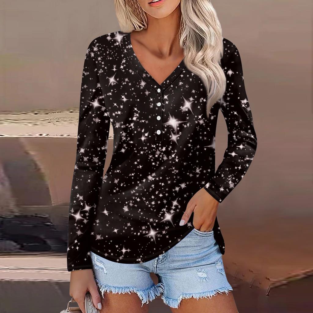 Женская повседневная мода сексуальный комфорт рождественский принт V-образный вырез пуговицы длинный рукав