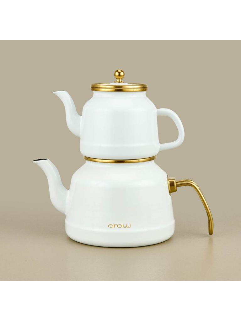 Белый и золотой эмалированный чайник - 2,5 л + 1,1 л