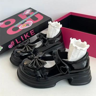 Туфли из кожи в британском стиле с толстой подошвой, женские туфли 2024 года, туфли Мэри Джейн в стиле ретро, черные повседневные туфли Le Fu с неглубоким носком и бантом для женщин