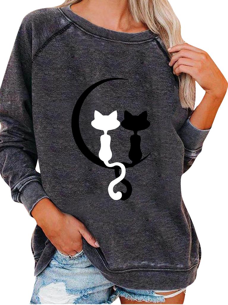 Женский свитшот весна/осень, женский модный топ с принтом кошки, свитшот-пуловер оверсайз