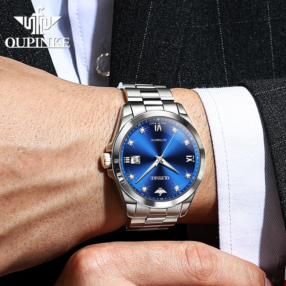 OUPINKE Swiss Mechanical Movement Watch Luxury Real Diamond Watches For Man 50M Waterproof Calendar Man Hand Clock 3199