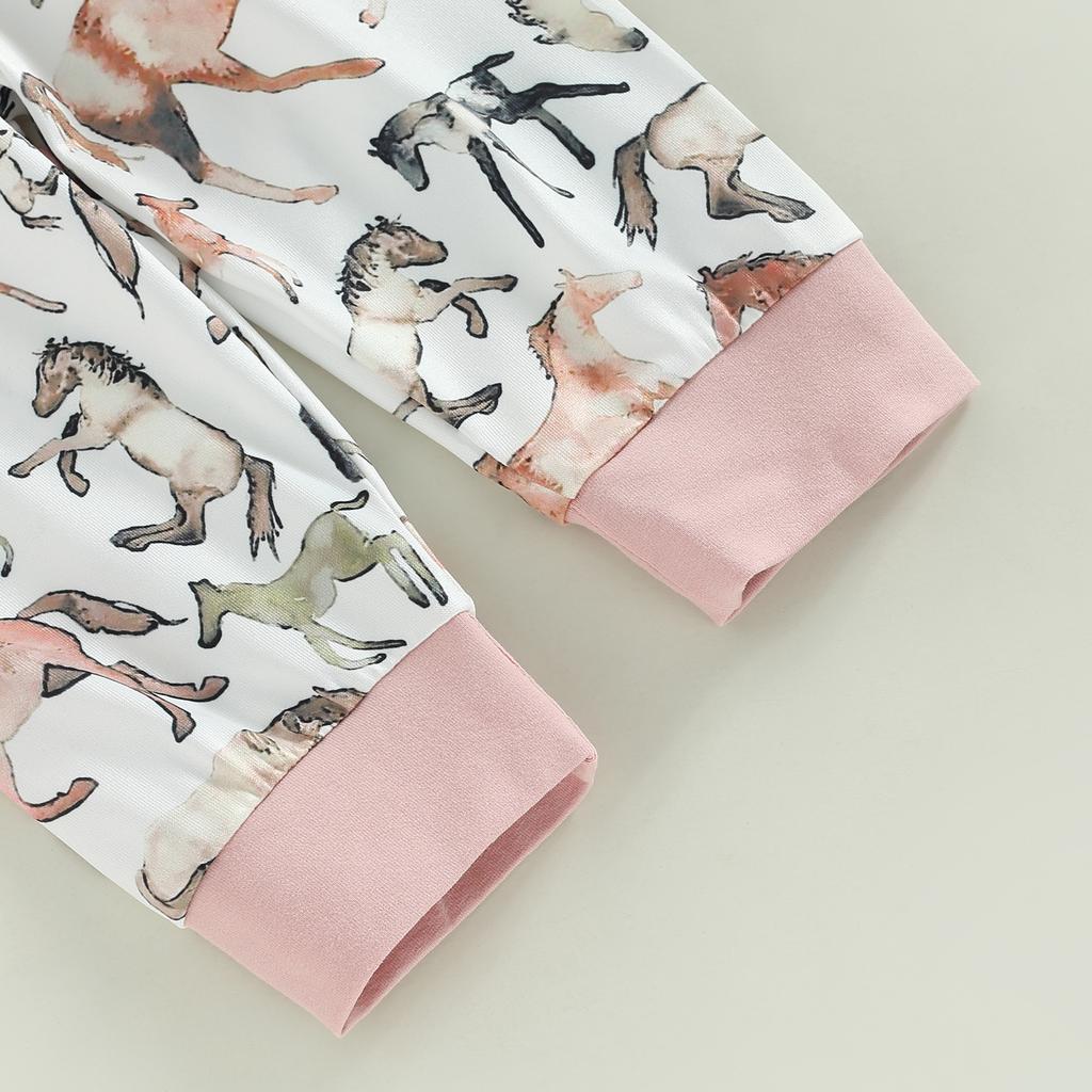 Infant Girl Autumn Jumpsuit Set, Long Sleeve Round Neck Letter Print Romper + Horse Pattern Pants + Hat