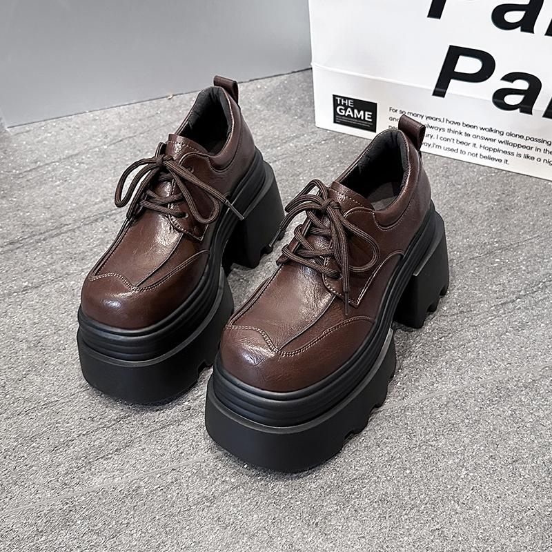 Мода 10 см каблуки Женская высокая платформа Кожаная обувь Новинка 2025 Осень Массивные кроссовки Женские Туфли-лоферы на шнуровке Обувь для ходьбы Женская