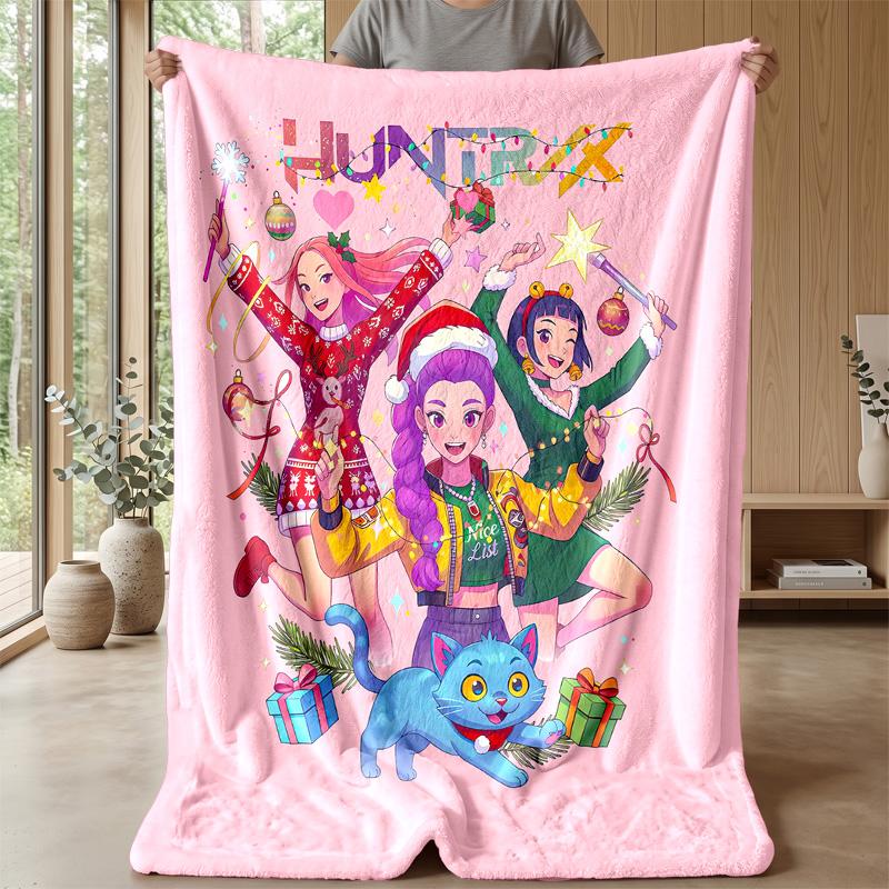 Фланелевое одеяло с принтом Kpop Demon Hunters Мягкое Теплое Легкое Всесезонное Одеяло для Дивана Кровати Кемпинга Домашнего Декора Праздничный Подарок