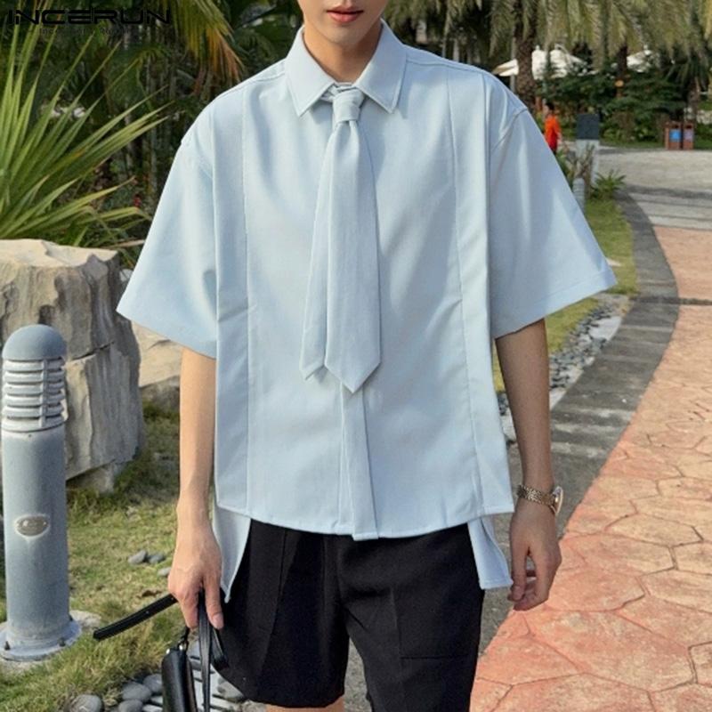INCERUN Летние мужские рубашки с завязками на лацканах с коротким рукавом и пуговицами, повседневные рубашки с высоким и низким вырезом