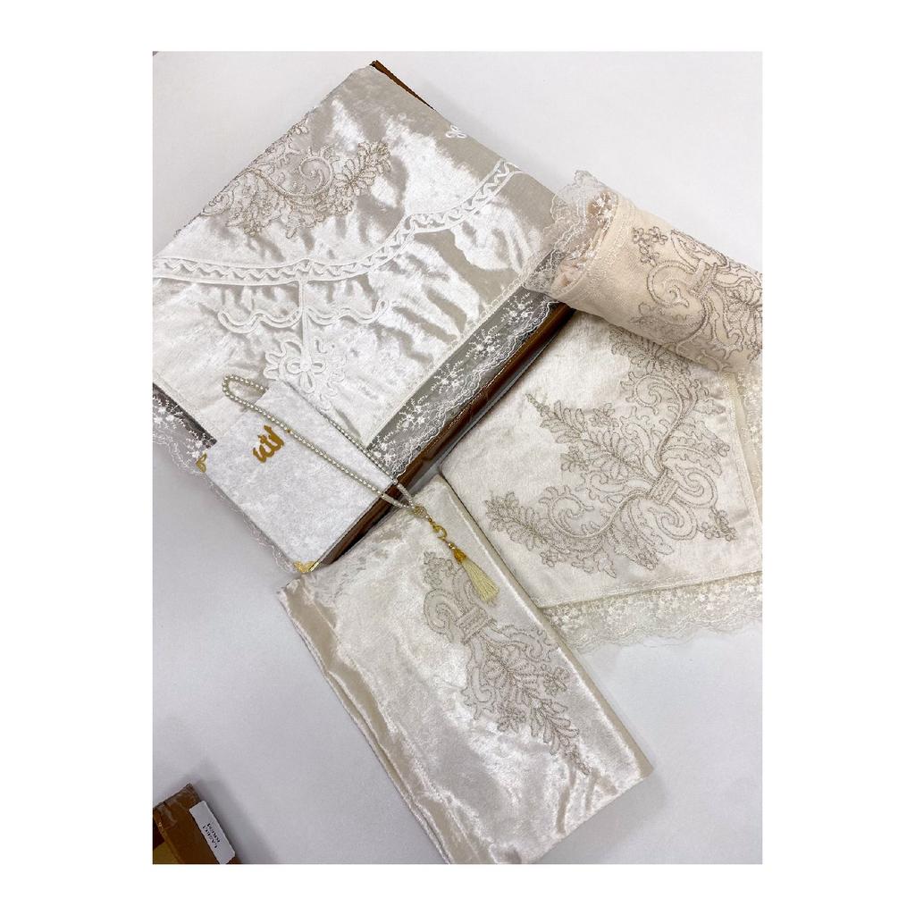 6 Piece Prayer Rug Set, Dowry Bundle Boxed, Velvet Laced Bride And Groom Set