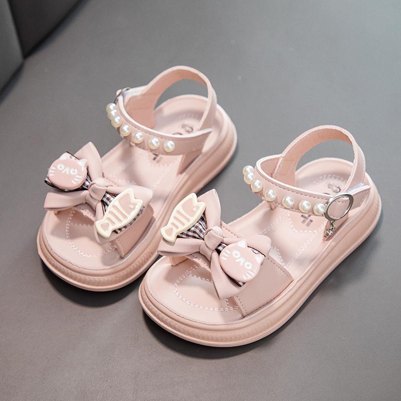 Girls Beach Shoes Non-slip Soft Sole Kids Princess Shoes Cute Cat Sweet Bows 2025 Summer New Children Sandals Beading Elegant