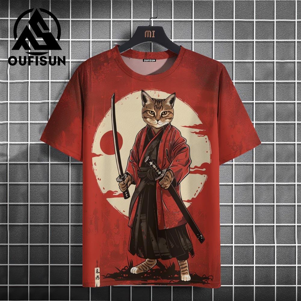 Мужская модная японская футболка с коротким рукавом в стиле самурай в стиле хип-хоп