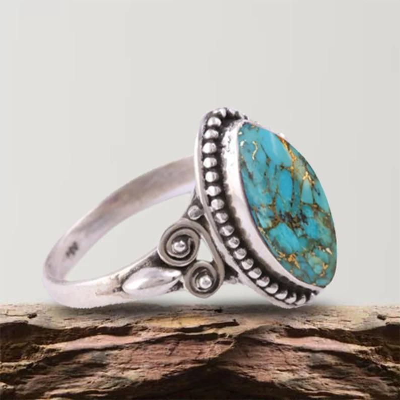 Стерлингового Серебра 925 пробы, дизайнерское кольцо ручной работы, синее медное бирюзовое кольцо, эффектное кольцо, ювелирные изделия в стиле бохо, подарок на день рождения на годовщину