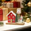 Hand Painted Wood Christmas Town Mini Village House Figurine, Winter Scene Ornament with Snowman Cute Doll Set Bear & Mailbox, Nordic Style