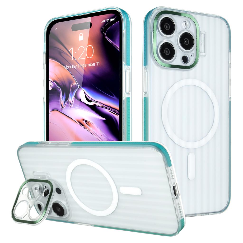 For iPhone 15 Pro Max Magnetic Case Strip Pattern PC+TPU Phone Cover Lens Cap Kickstand