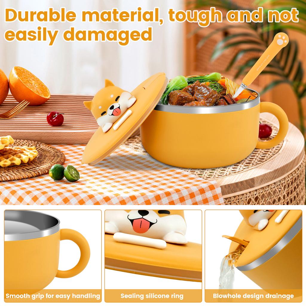 Чаша для рамена 1200 мл из нержавеющей стали 304, чаша для лапши с крышкой и ловилкой, термостойкая, с ручками, чаша-пароварка для лапши рамен