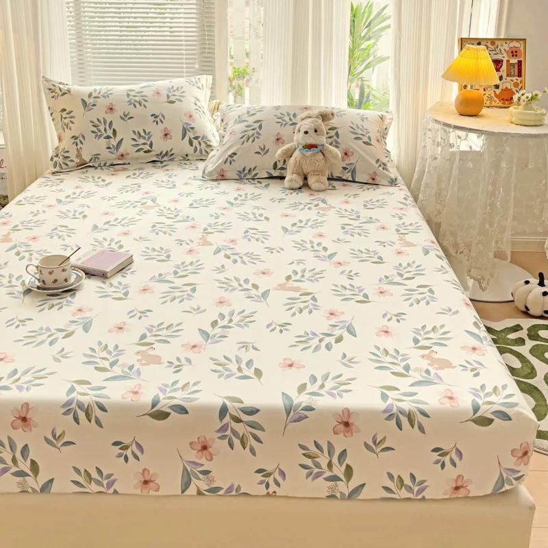 Floral Leaves Pattern Fitted Sheet Set 100% Cotton Comfortable Soft Bedding Set Plants Printed Mattress Cover with Pillowcases
