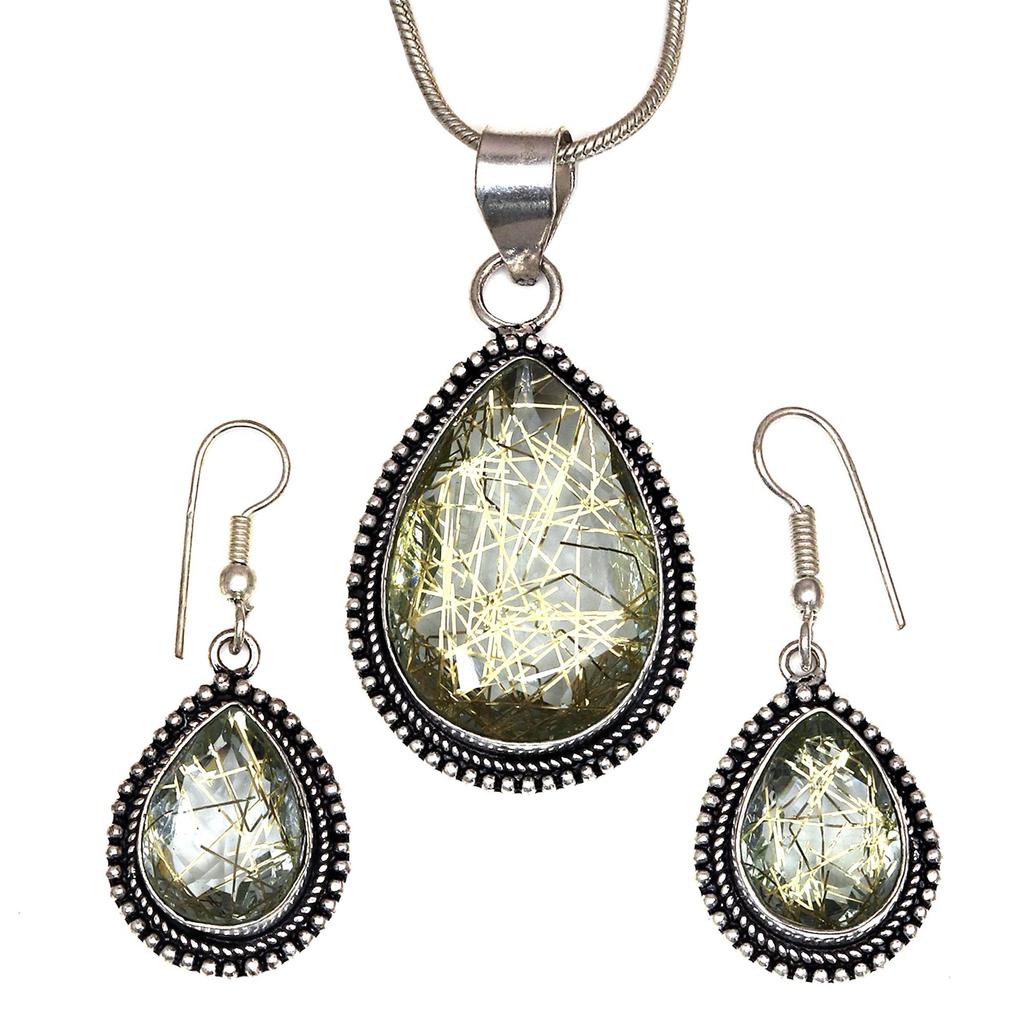 Rutile Golden Set Earring Jewelry 18-20'' Pendant Quartz Sterling