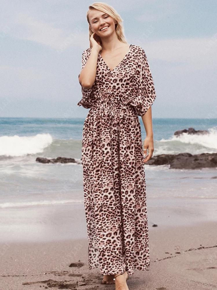 EDOLYNSA Leopard Print Women's V-neck Long Dress Tunic Kaftan Bikini Cover Up Robe Soft Classy Versatile Swimsuit Cover-up Outfits Q1128