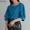 Women Casual Round Neck Loose Half Sleeve Plain Blouse