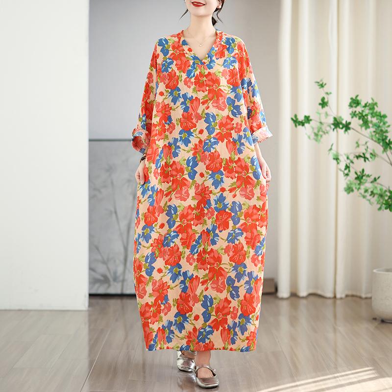 Dimanaf 2025 Women Spring Loose Dress Plus Size Basic Beach Printing Floral Casual Long Vintage Linen Dress