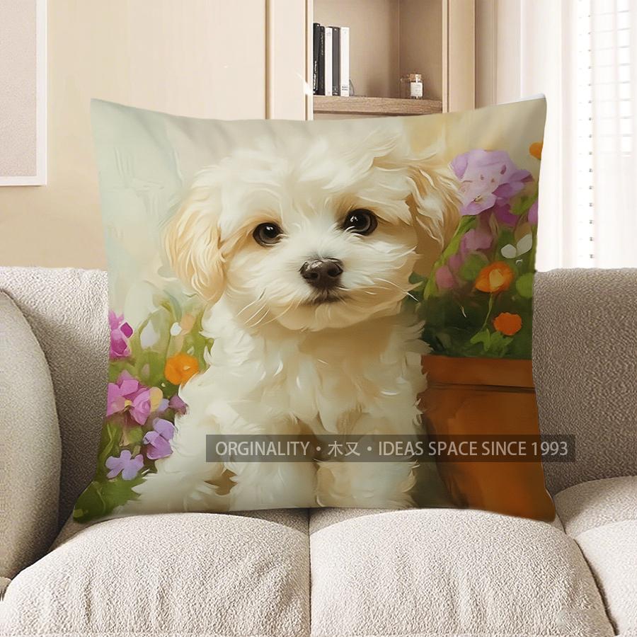Home Decor Cute Puppy With Flowers Throw Pillow Cover Pattern Cushion Cover Suitable For Sofa Bedroom Car Pillow Cover