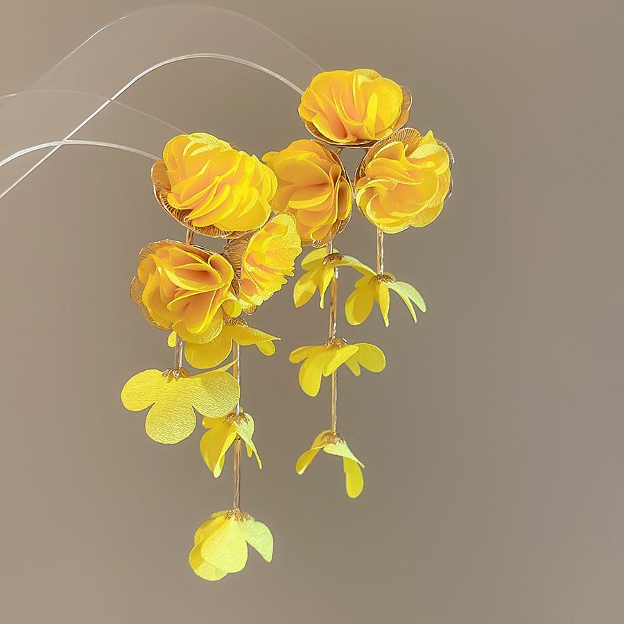 Серьги с кисточками в виде цветов из шифона "Серебряная игла", Милый стиль Мори, Дофаминовый тренд, Универсальные женские серьги