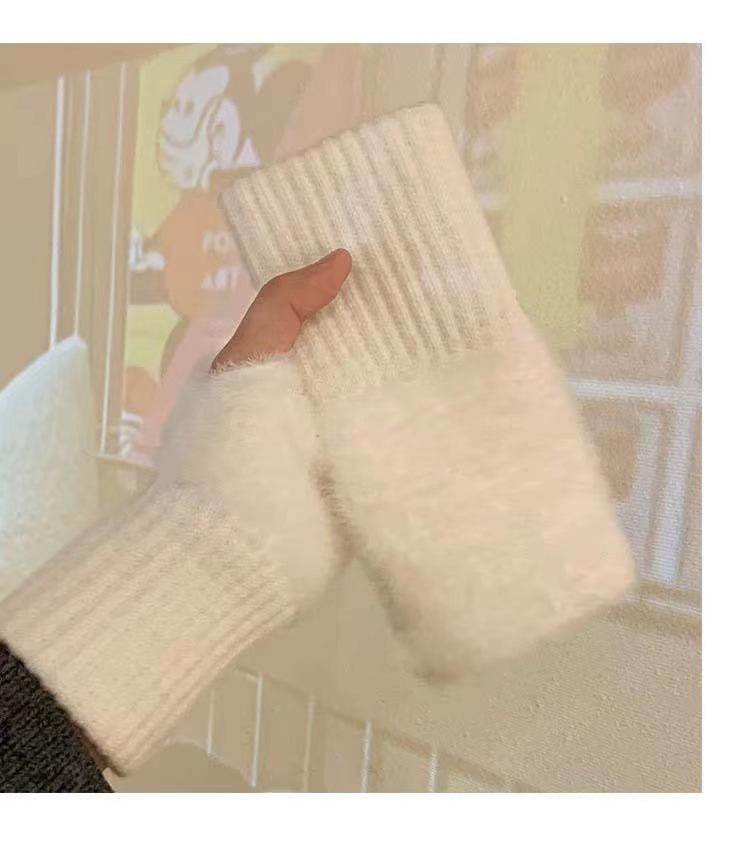 Мягкие Зимние Перчатки без пальцев Женские Теплые Роскошные Однотонные Белые Плюшевые Вязаные Перчатки без пальцев Митенки на запястье Перчатки для письма