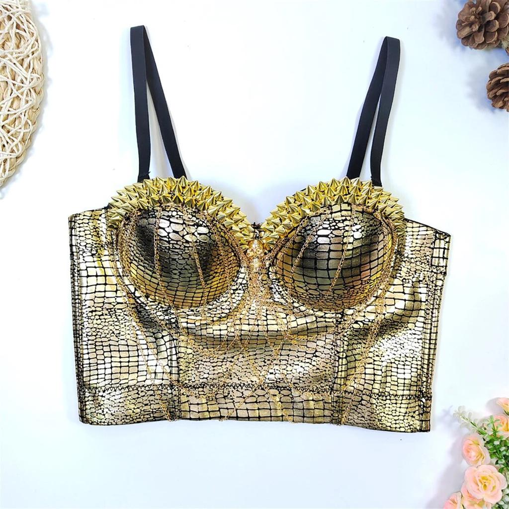 Укороченный топ yushutiff, женский корсет с шипами, топ для ночного клуба, вечеринки, Rave Festival, наряд, бюстье, бюстгальтер пуш-ап, жилеты без рукавов, Золотая одежда