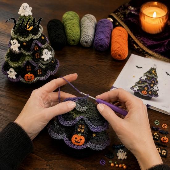 Easy Crochet Pattern with Tutorial Halloween Tree Pack, DIY Yarn Craft Kit Hooks And Step Creative Desktop Ornament by Guide, Handmade Knitting