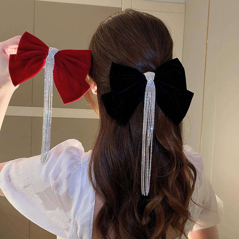Korean Velvet Bow Hair Pins Fabric Rhinestone Pearl Hair Clips for Women Luxulry Jewelry Spring Clip Girls Hair Accessories