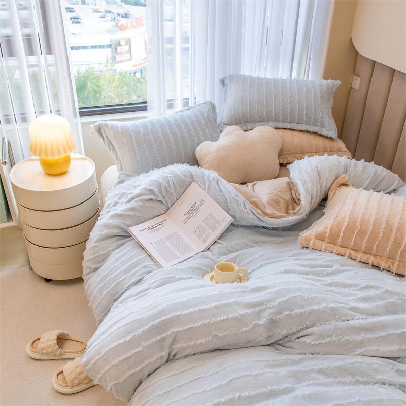 Ins однотонное молочное бархатное одеяло из четырех частей с бахромой кораллового бархата, зимнее фланелевое одеяло, пододеяльник, постельные принадлежности