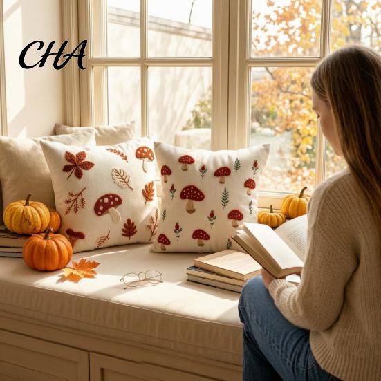 Washable Decorative Pillow Shells Autumn Embroidered Pillowcase, Mushroom Leaf Throw Cover, 18"x18" 20"x12" Cozy Living Room Decor Farmhouse Cover for