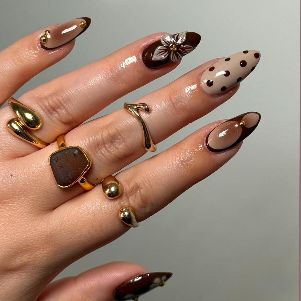 Almond-shaped French polka dot brown floral nail art press-on nails, 24 pieces