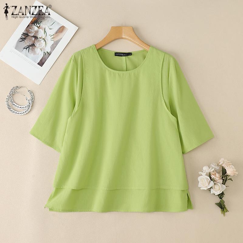 ZANZEA Женская летняя блузка с круглым вырезом, свободного кроя, с рукавом до локтя