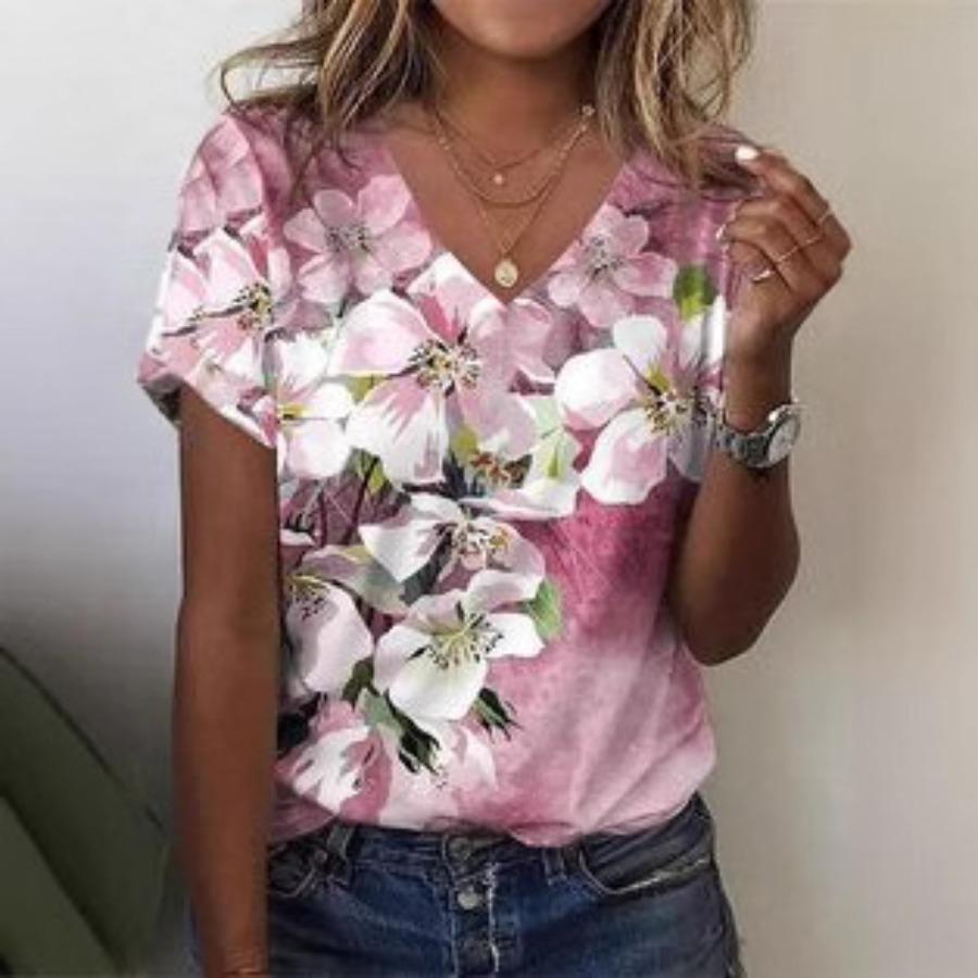 Women Fashion V Neck Short Sleeve Floral 3d Print T Shirt Summer Comfortable Sportwear Tops